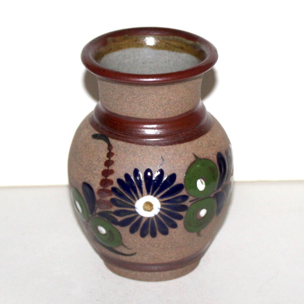 Vase Tonala Mexico pottery blue flower brown clay 5.75" folk art Jalisco